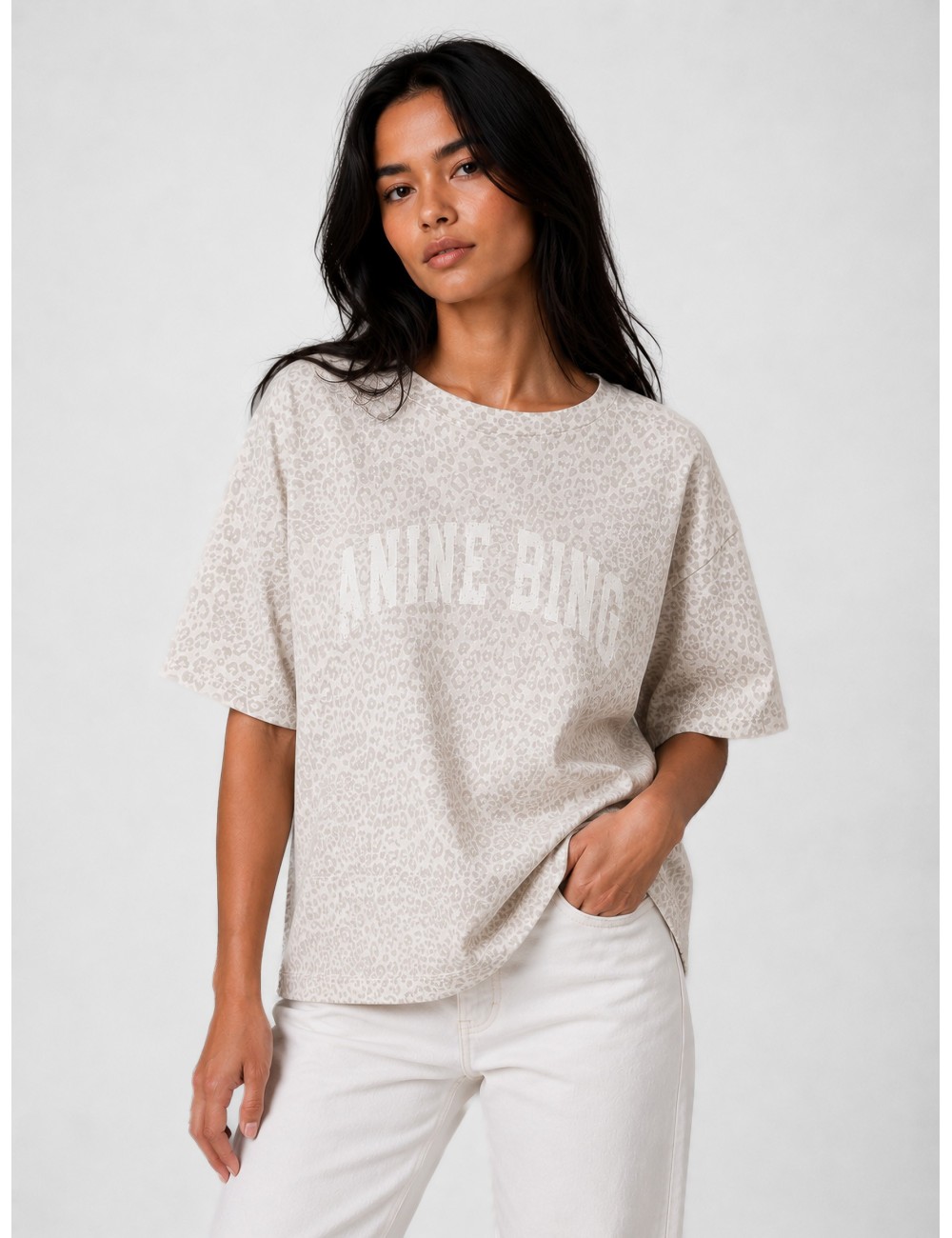 Camiseta blanco roto ANINE BING Cade con estampado leopard lavado