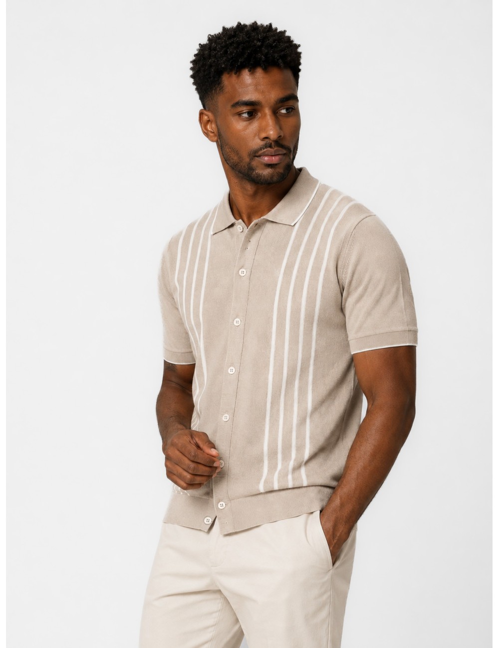 Polo beige GRAN SASSO de punto con rayas verticales