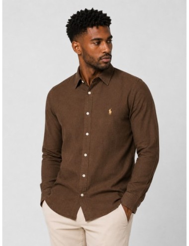 Camisa marrón Polo Ralph Lauren de lino con cuello clásico y Pony bordado