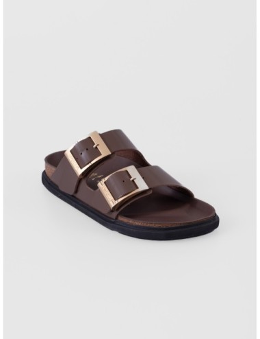 sandalias marrón oscuro Birkenstock Arizona Droplet Buckle con dos tiras y hebillas convexas vista lateral