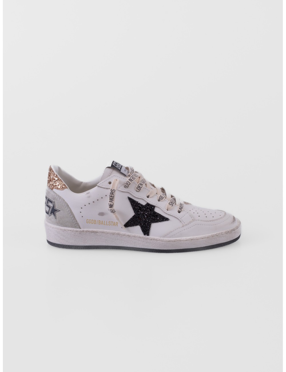 zapatillas Ball Star Golden Goose blanco negro y dorado vista lateral exterior