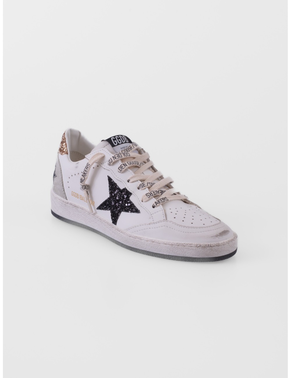 zapatillas Ball Star Golden Goose blanco negro y dorado vista lateral exterior