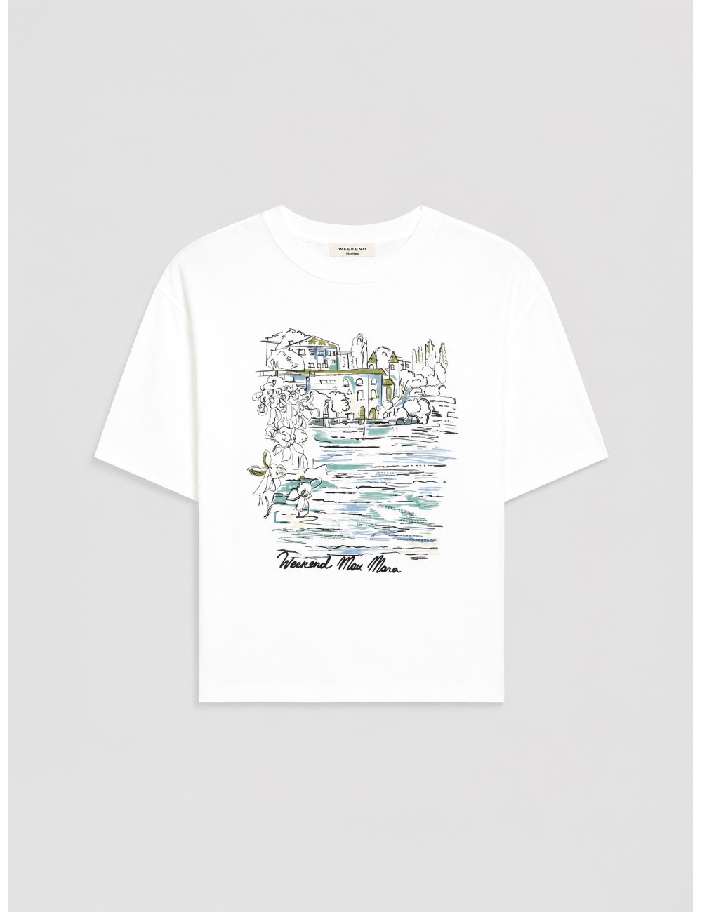 Camiseta Sala de Weekend Max Mara en blanco con paisaje estampado