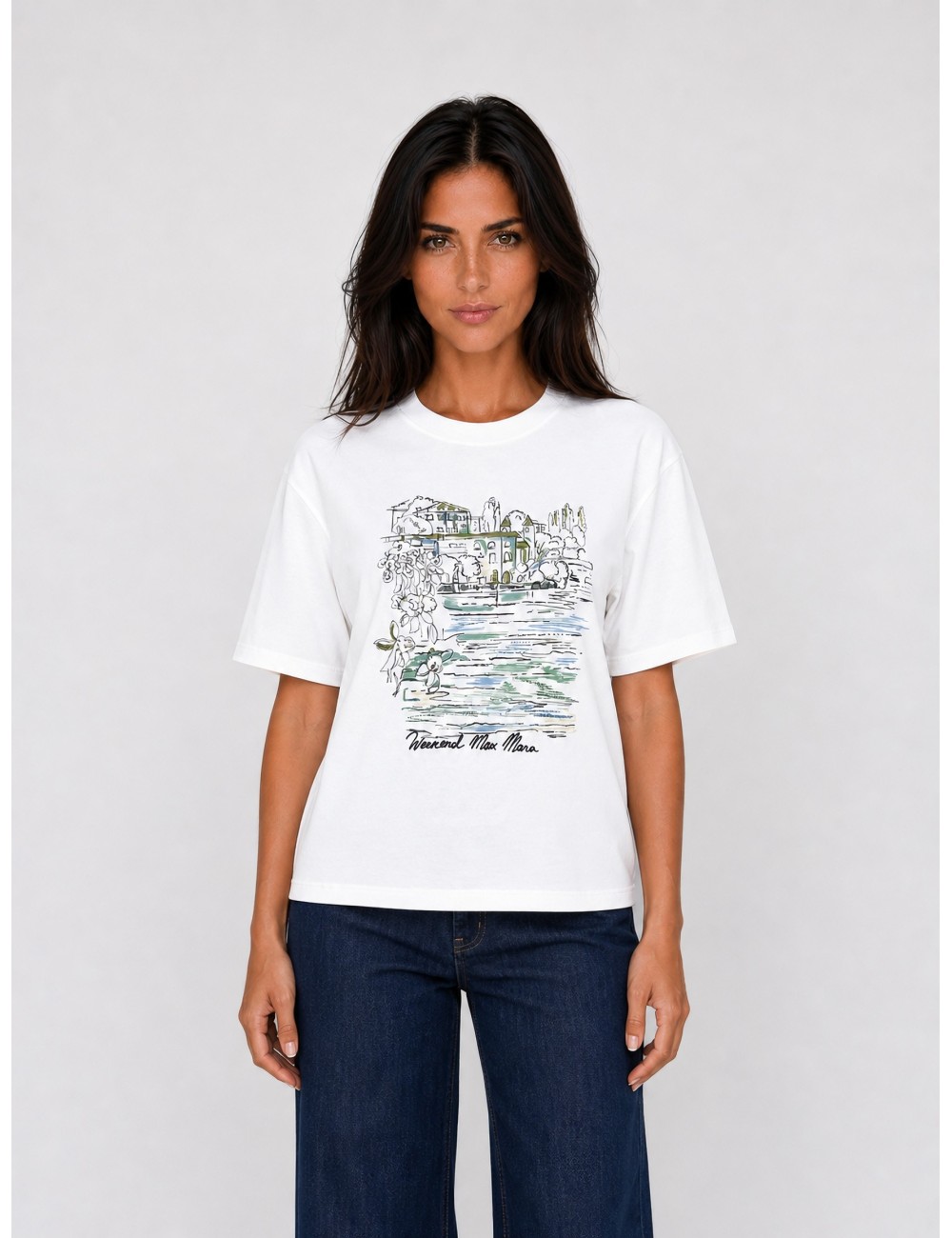 Camiseta Sala de Weekend Max Mara en blanco con paisaje estampado