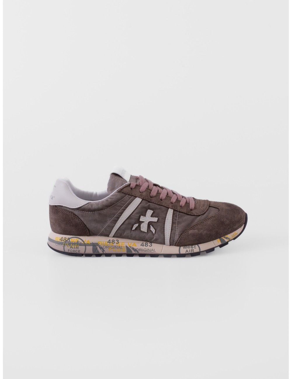 Zapatillas Lucy 8404 de Premiata para hombre en topo marrón y blanco roto con detalles rosa