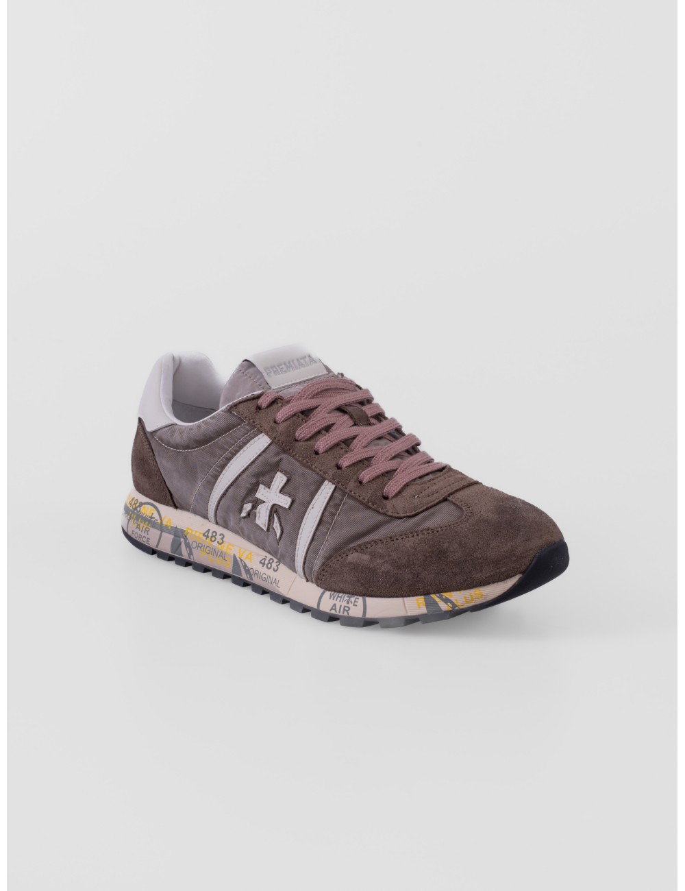 Zapatillas Lucy 8404 de Premiata para hombre en topo marrón y blanco roto con detalles rosa