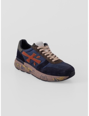 Zapatillas Mick 7721 de Premiata para hombre en azul oscuro y marrón oscuro con detalles naranja y verde oliva