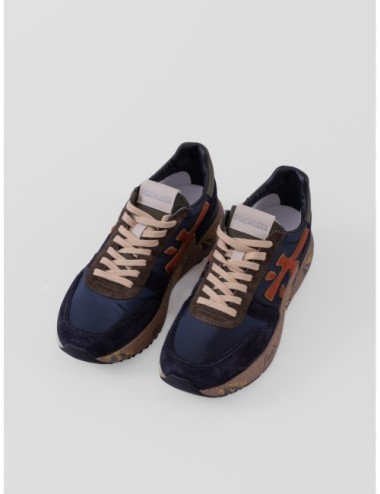 Zapatillas Mick 7721 de Premiata para hombre en azul oscuro y marrón oscuro con detalles naranja y verde oliva