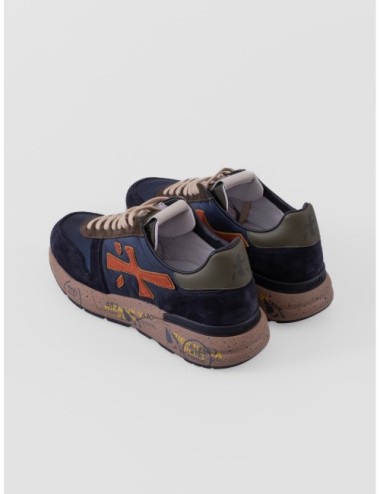 Zapatillas Mick 7721 de Premiata para hombre en azul oscuro y marrón oscuro con detalles naranja y verde oliva