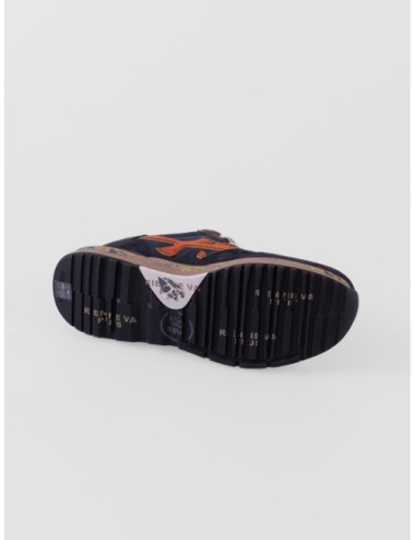 Zapatillas Mick 7721 de Premiata para hombre en azul oscuro y marrón oscuro con detalles naranja y verde oliva