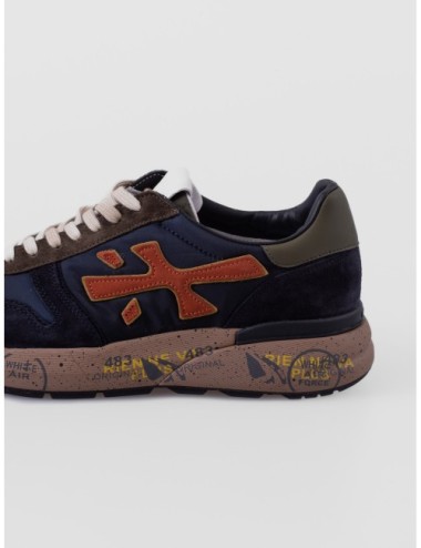 Zapatillas Mick 7721 de Premiata para hombre en azul oscuro y marrón oscuro con detalles naranja y verde oliva