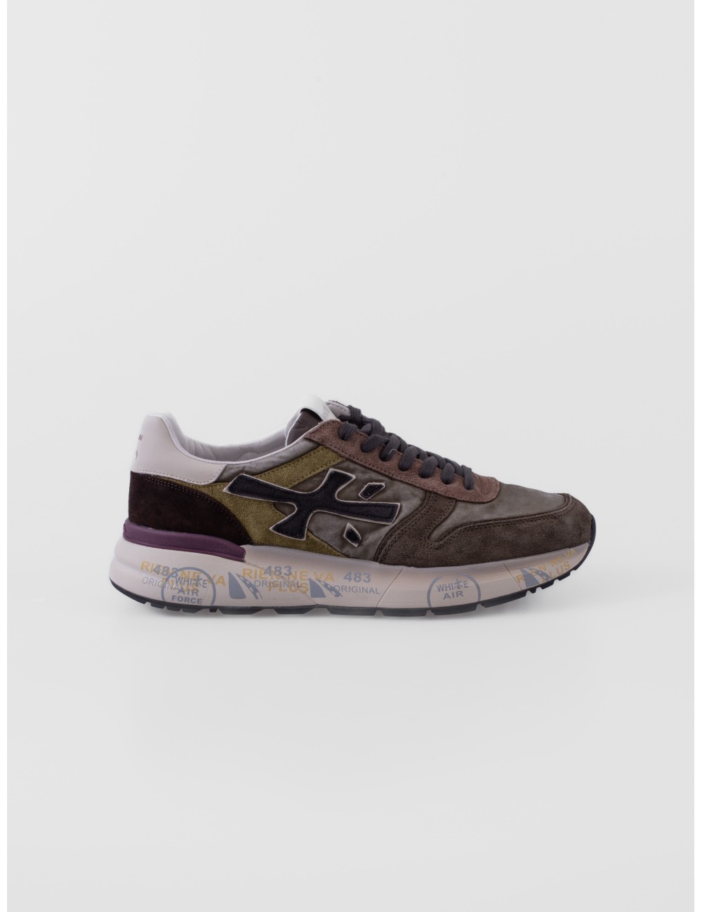 Zapatillas Mick 7717 de Premiata para hombre en verde oliva y marrón con detalles rosa y crema