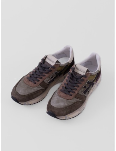 Zapatillas Mick 7717 de Premiata para hombre en verde oliva y marrón con detalles rosa y crema