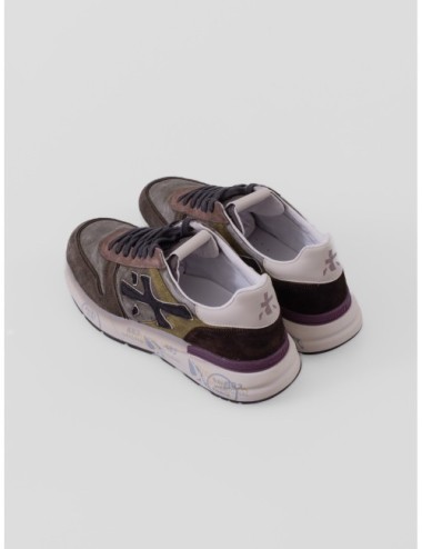 Zapatillas Mick 7717 de Premiata para hombre en verde oliva y marrón con detalles rosa y crema