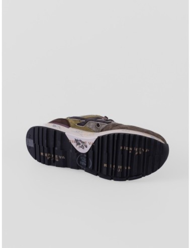 Zapatillas Mick 7717 de Premiata para hombre en verde oliva y marrón con detalles rosa y crema