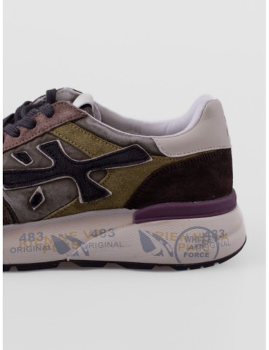 Zapatillas Mick 7717 de Premiata para hombre en verde oliva y marrón con detalles rosa y crema