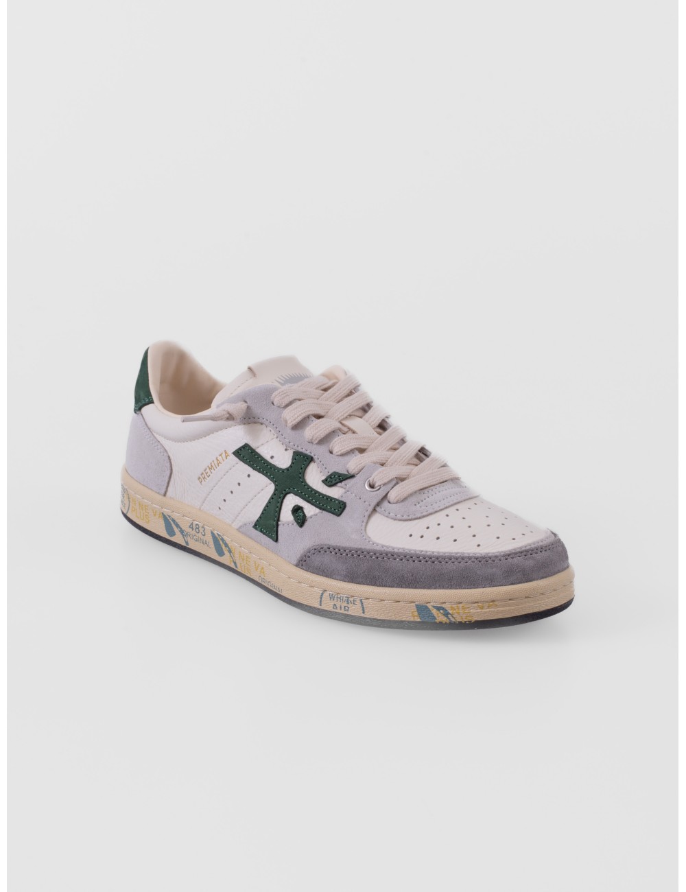 Zapatillas Bskt Clay 7623 de Premiata para hombre en blanco roto con detalles verdes y grises