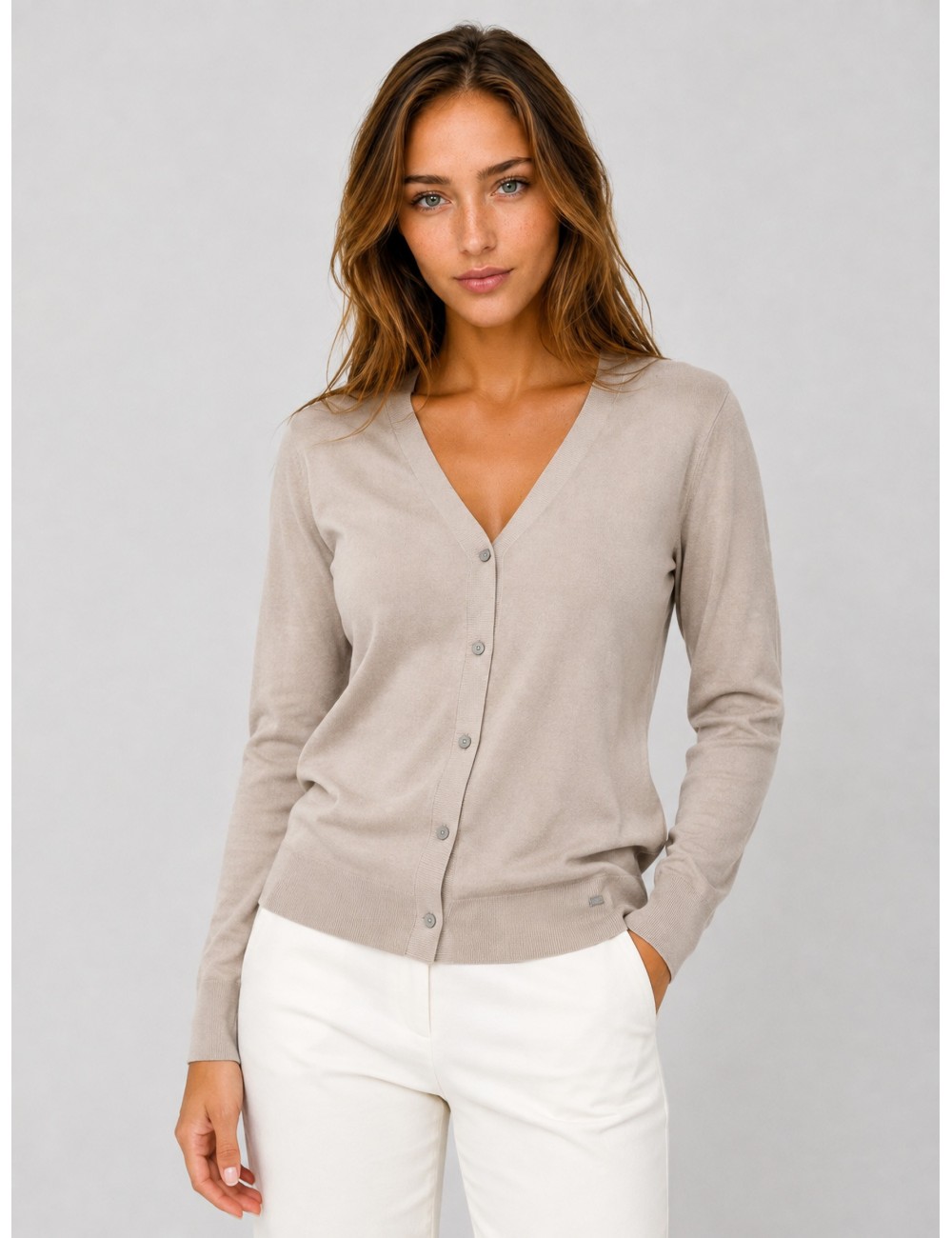 Cardigan de punto acanalado Herno beige claro con escote en V