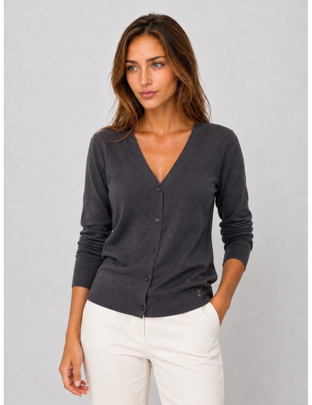 Cardigan de punto acanalado Herno marrón grisáceo con escote en V
