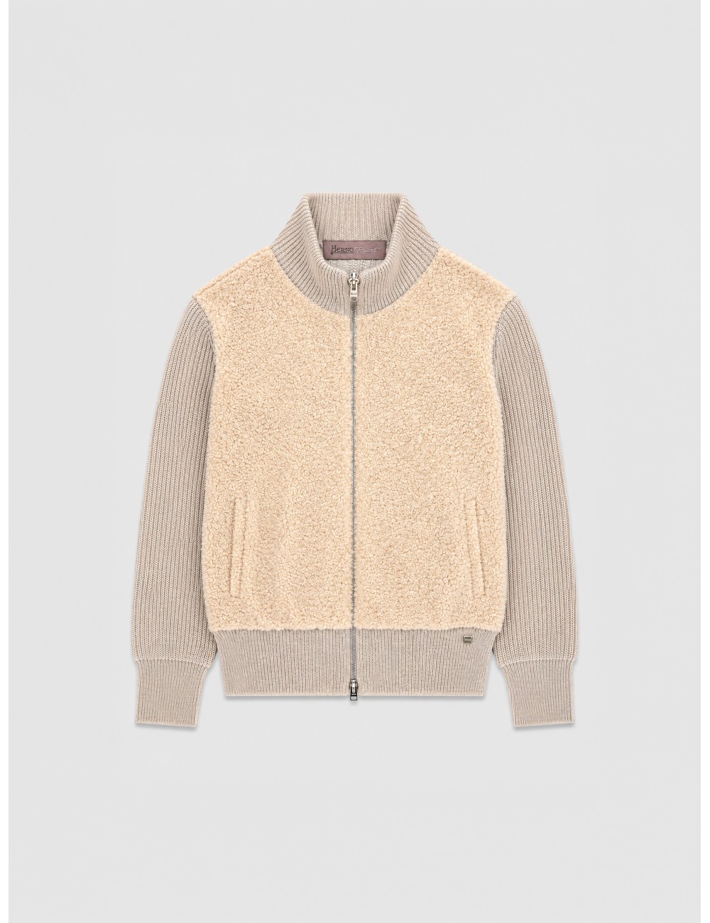 Cardigan Resort Herno beige claro con panel frontal bouclé