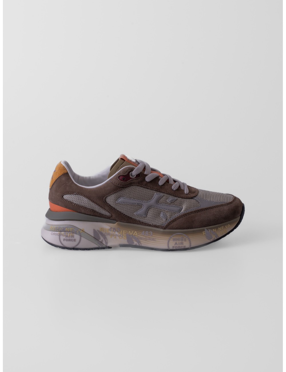 Sneakers Moerun 7871 de Premiata en marrón topo gris salvia y amarillo