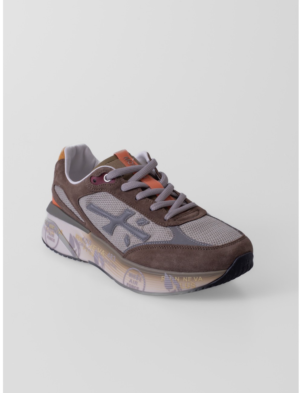 Sneakers Moerun 7871 de Premiata en marrón topo gris salvia y amarillo
