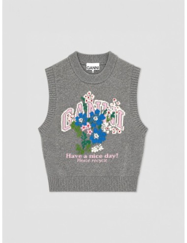 Chaleco de punto GANNI Knit Vest with Flowers gris