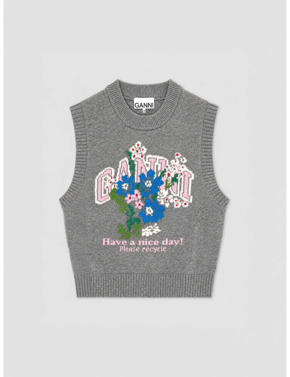 Chaleco de punto GANNI Knit Vest with Flowers gris
