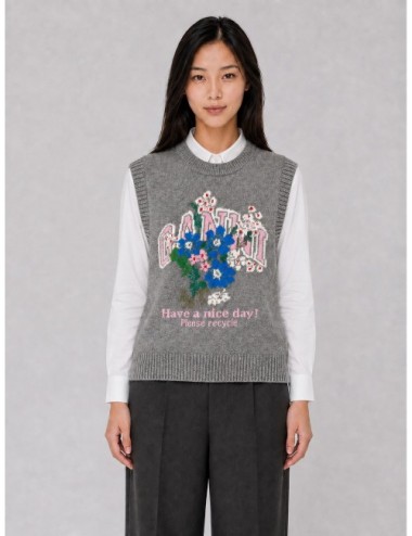 Chaleco de punto GANNI Knit Vest with Flowers gris