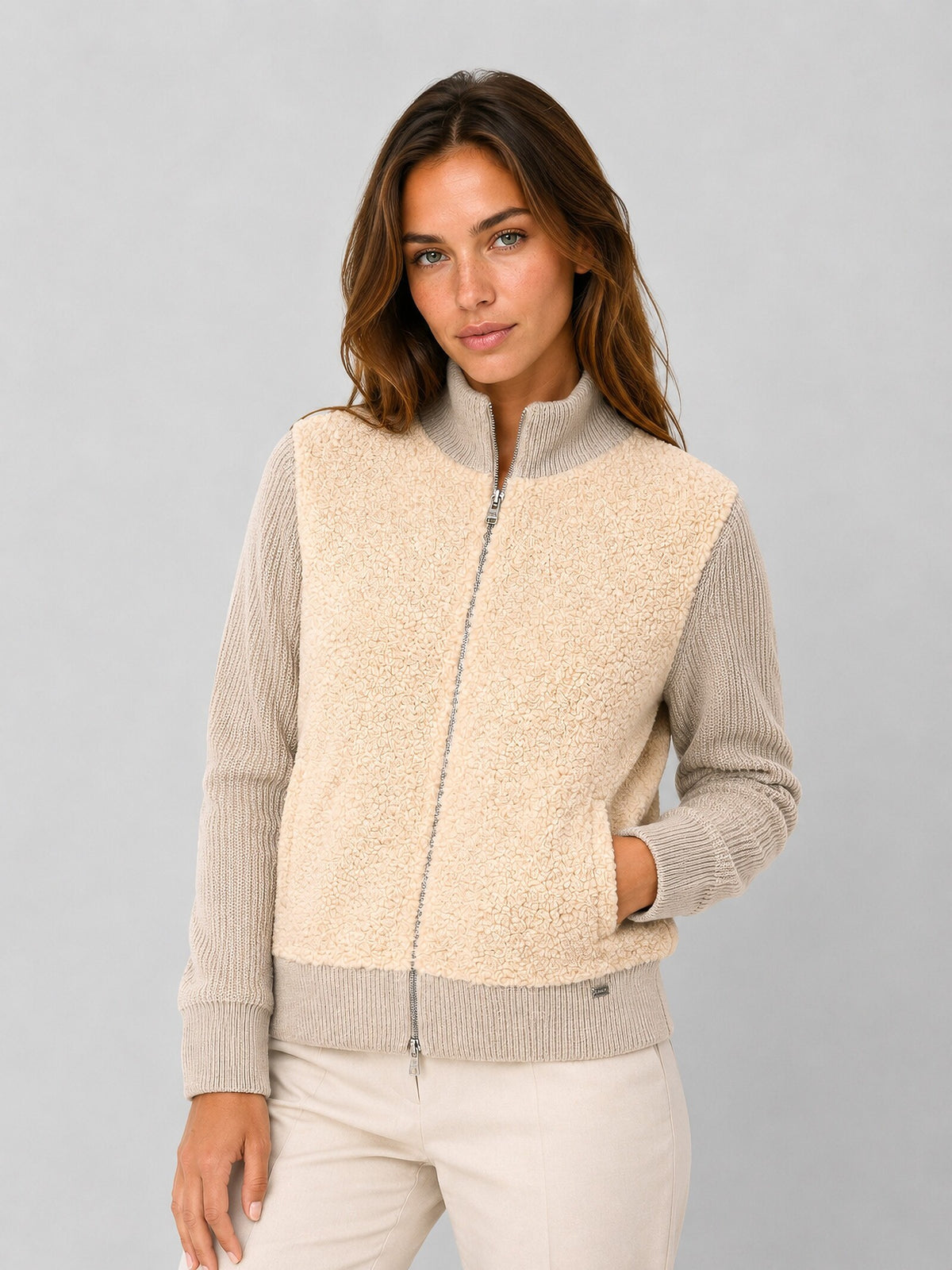 Cardigan Resort de punto acanalado con panel boucle