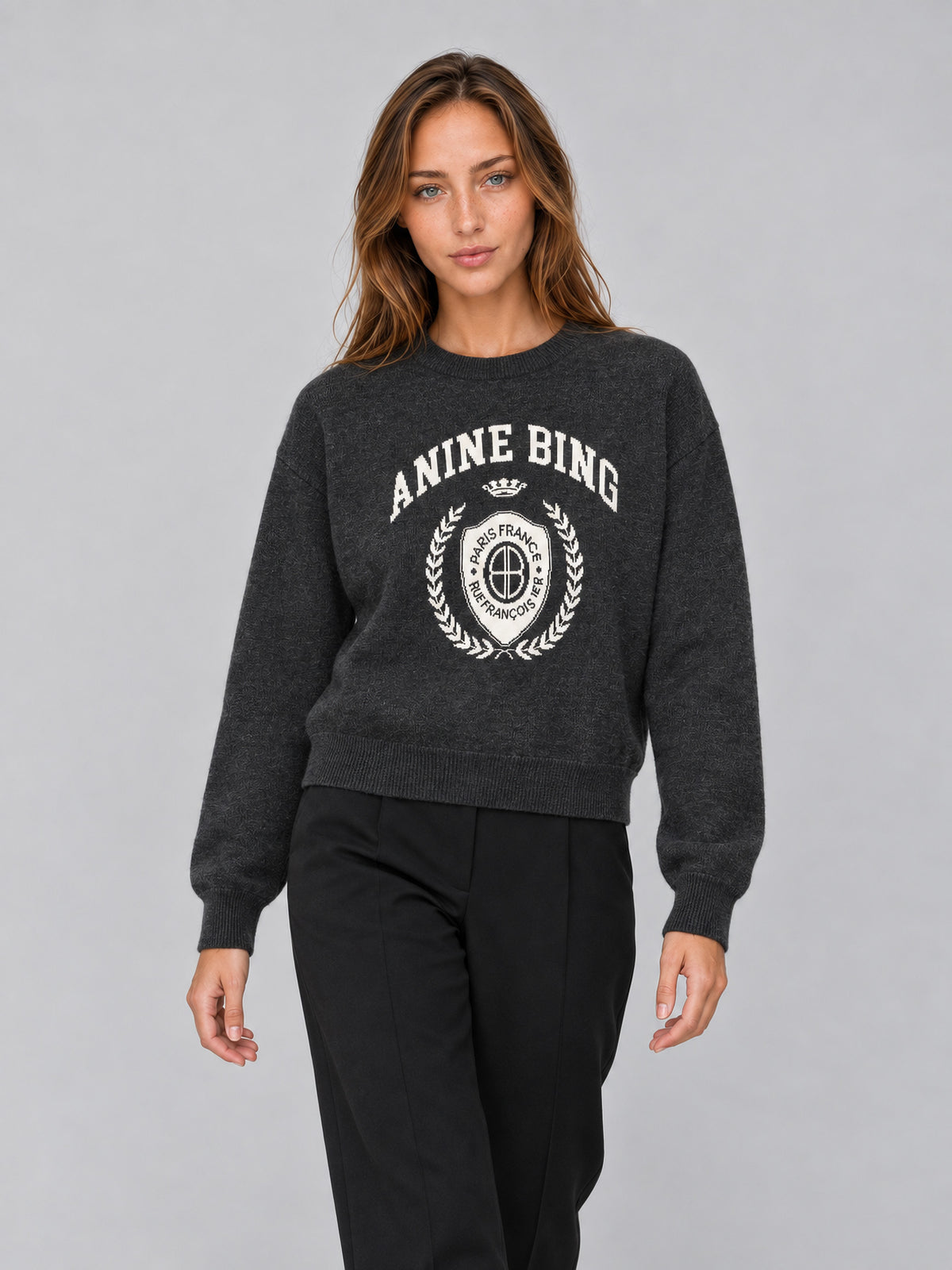 Jersey Mia Sweater de Anine Bing en Charcoal de lana merina con gráfico frontal