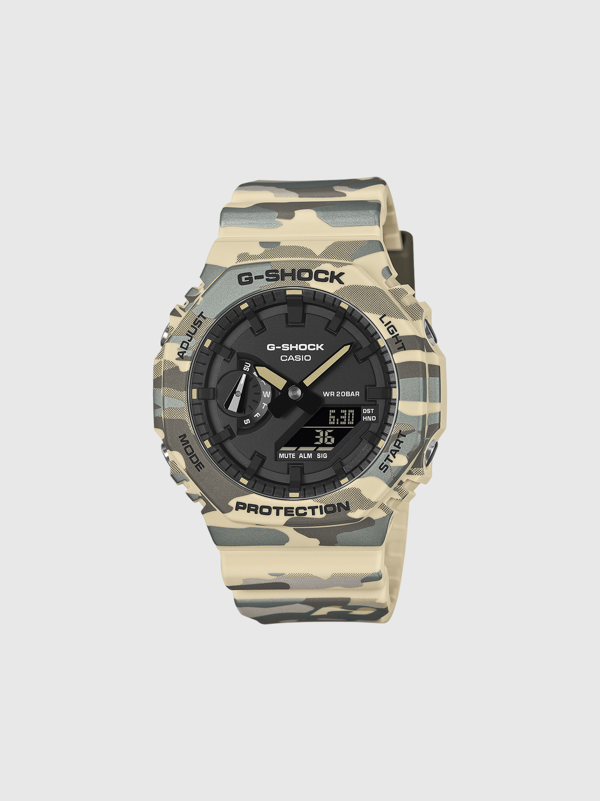 Reloj G-SHOCK analógico-digital de camuflaje beige, caja octogonal y correa de resina
