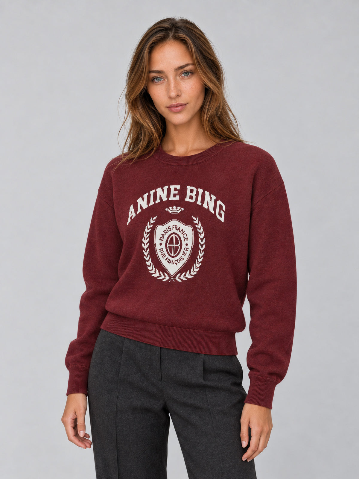 Jersey Mia Sweater de Anine Bing en Burgundy de lana merina con gráfico frontal