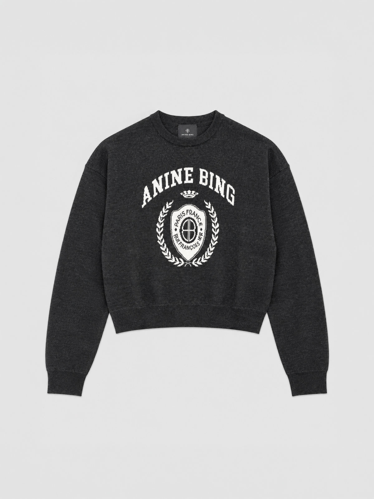 Jersey Mia Sweater de Anine Bing en Charcoal de lana merina con gráfico frontal