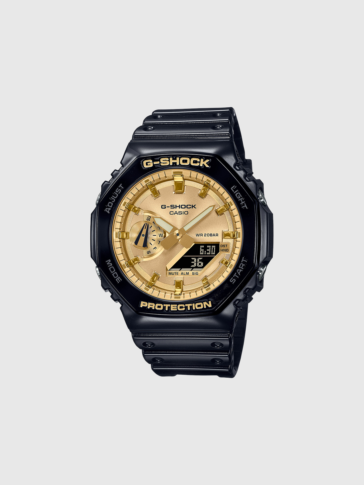 Reloj G-SHOCK negro de caja octogonal y esfera dorada, analógico y digital