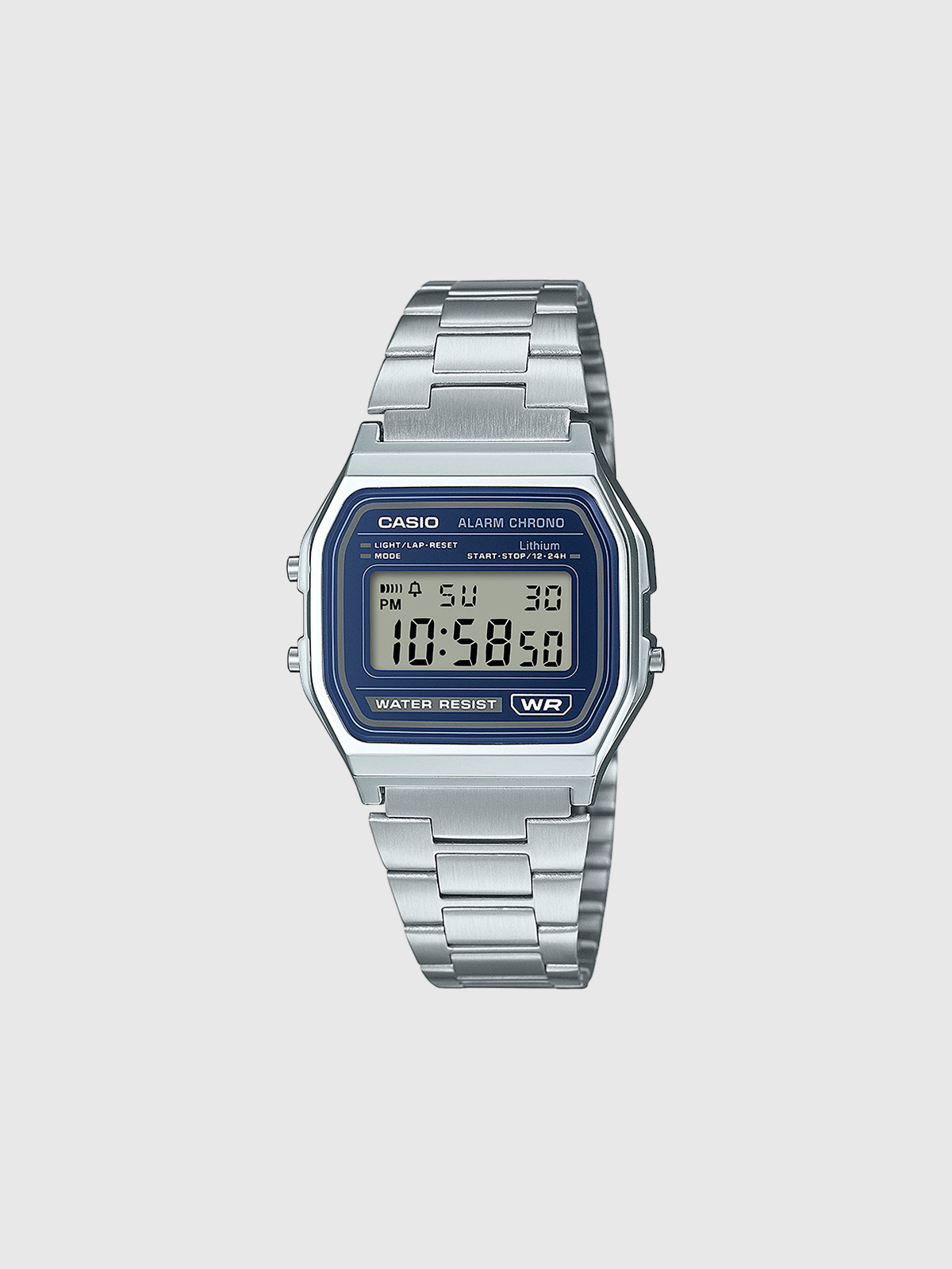 Reloj digital CASIO plateado de correa de acero y esfera azul