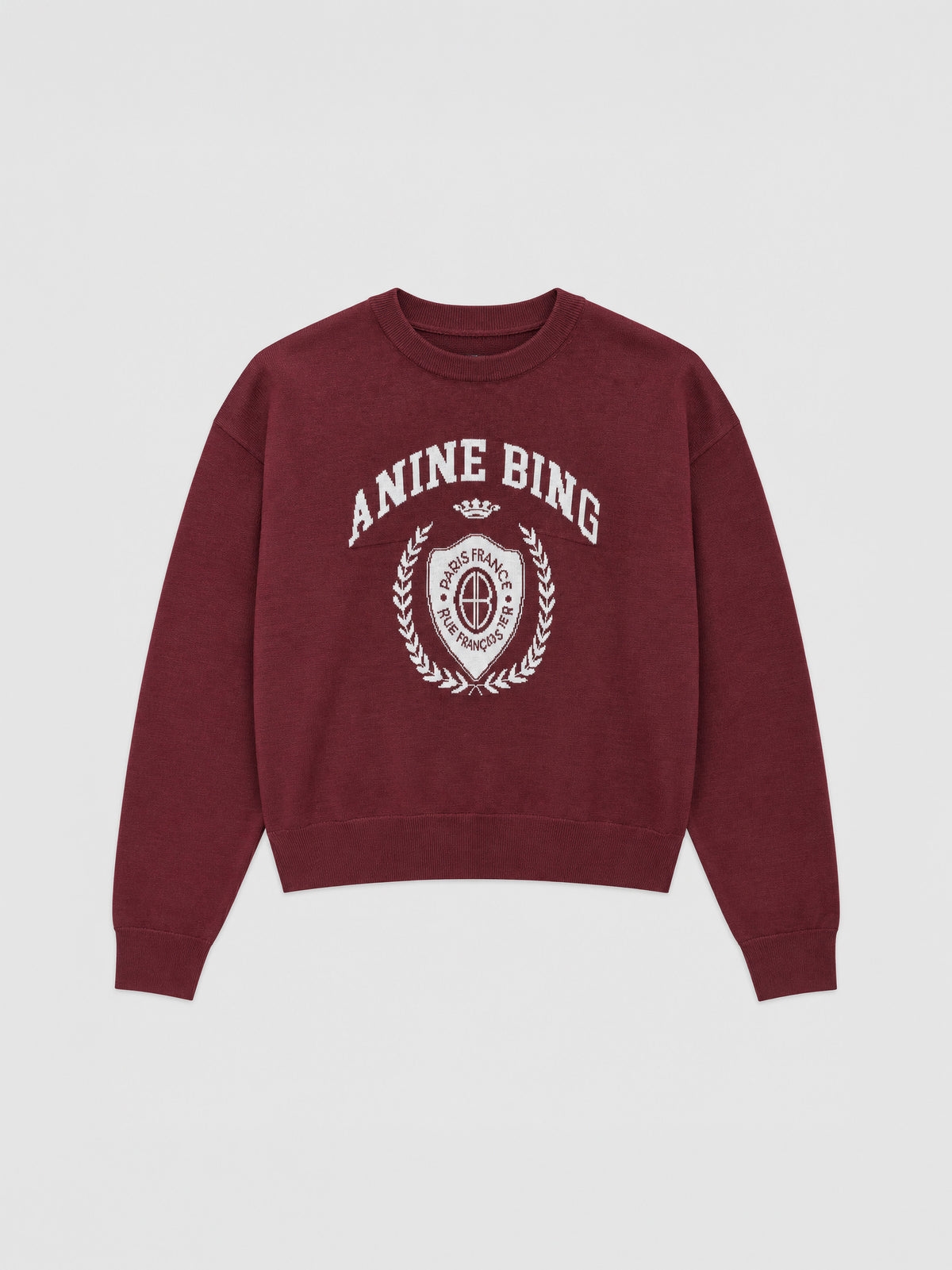 Jersey Mia Sweater de Anine Bing en Burgundy de lana merina con gráfico frontal
