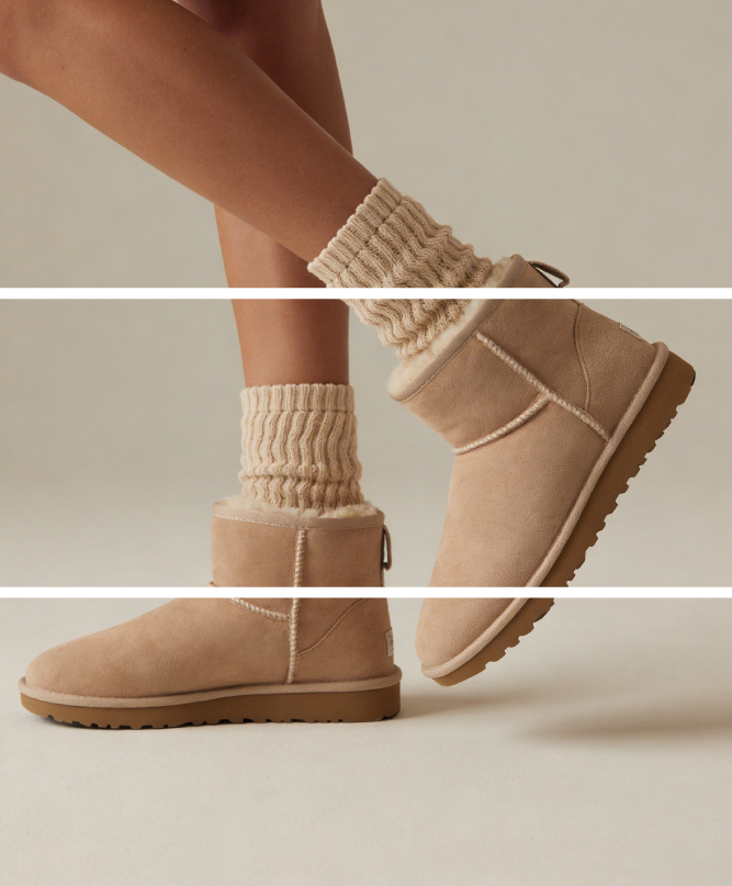 Botines Classic Mini UGG en color beige para mujer, cálidos y cómodos, perfectos para el clima de transición entre estaciones. Con suela antideslizante y forro de lana para mayor confort.