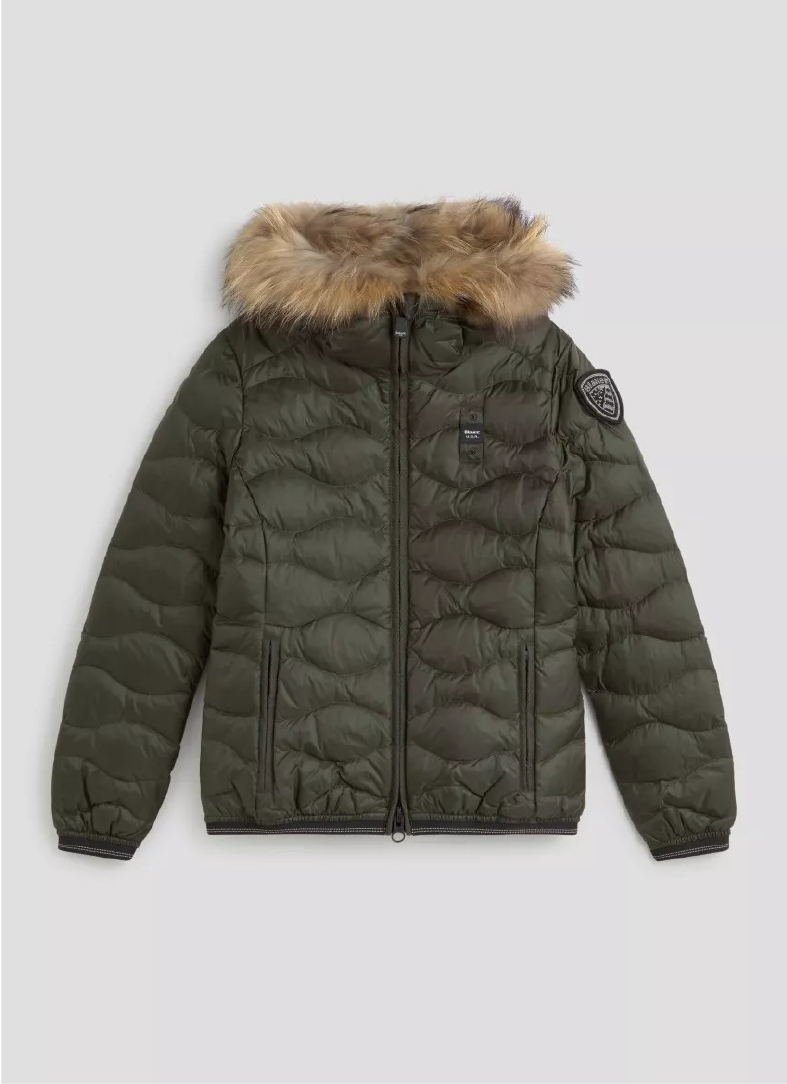 Plumífero con borde de piel Aldie Blauer, para un look elegante y abrigado en MARFRANC